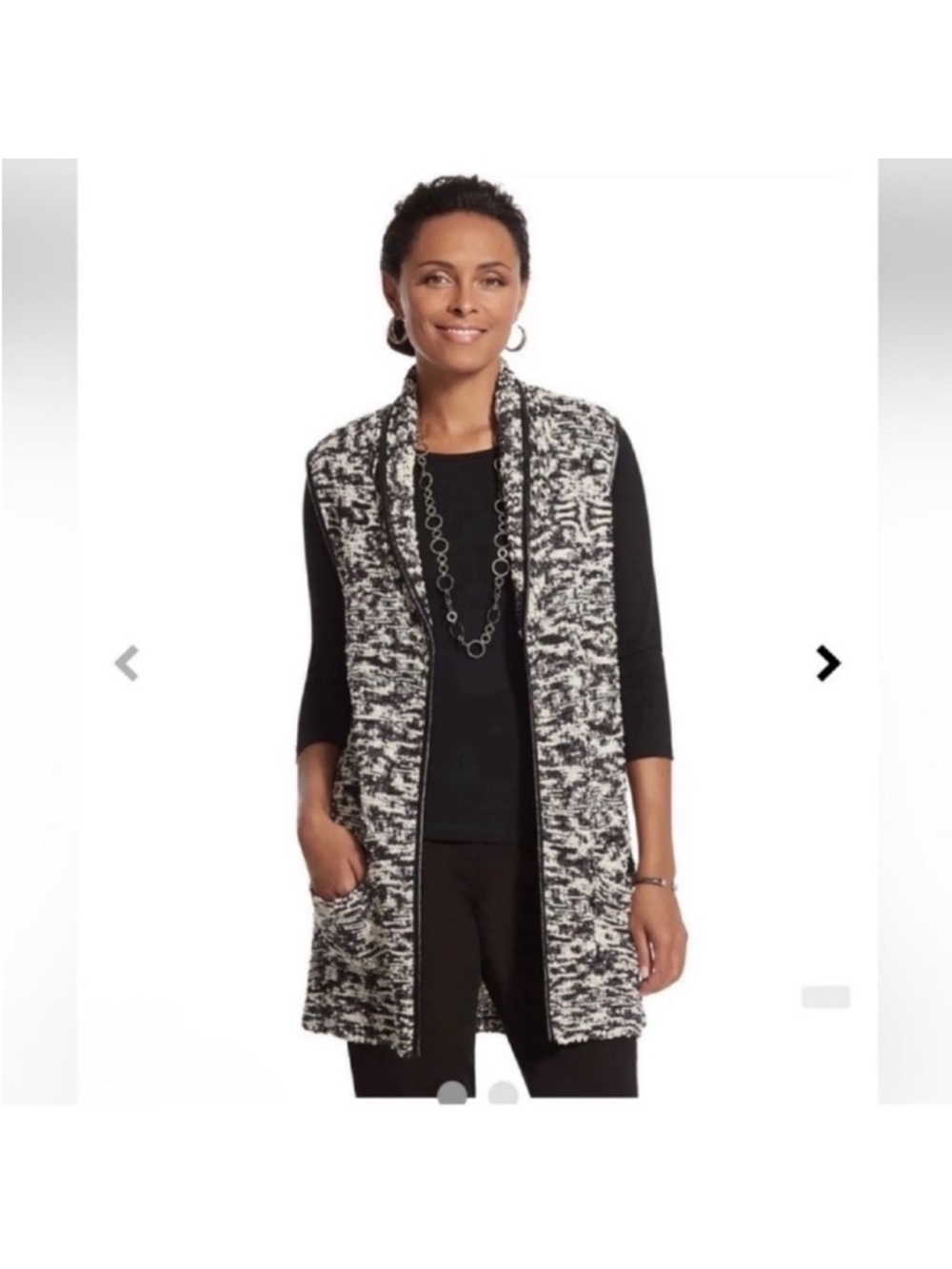 Chico’s Mackenzie Tweed Knit Long Sweater Cardigan Vest Sz 2/L Leather Trim